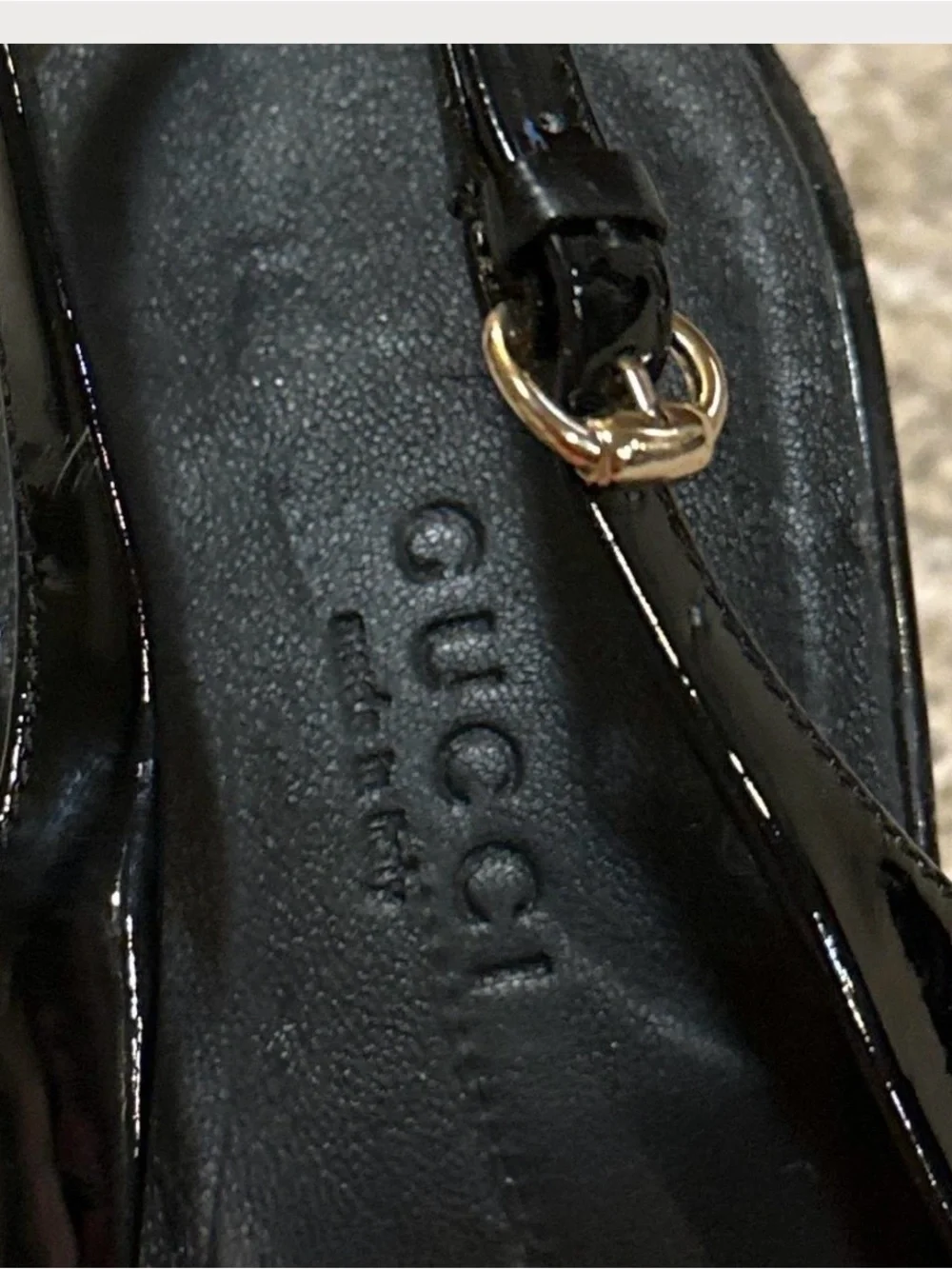 Gucci Black Patent Leather Cork Platform Peep-Toe Slingbacks with Logo